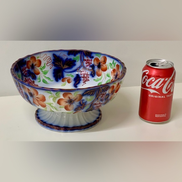 19th Century Vtg Gaudy Welsh Grape Pattern Flow Blue Lusterware Pedestal Bowl - Picture 4 of 16